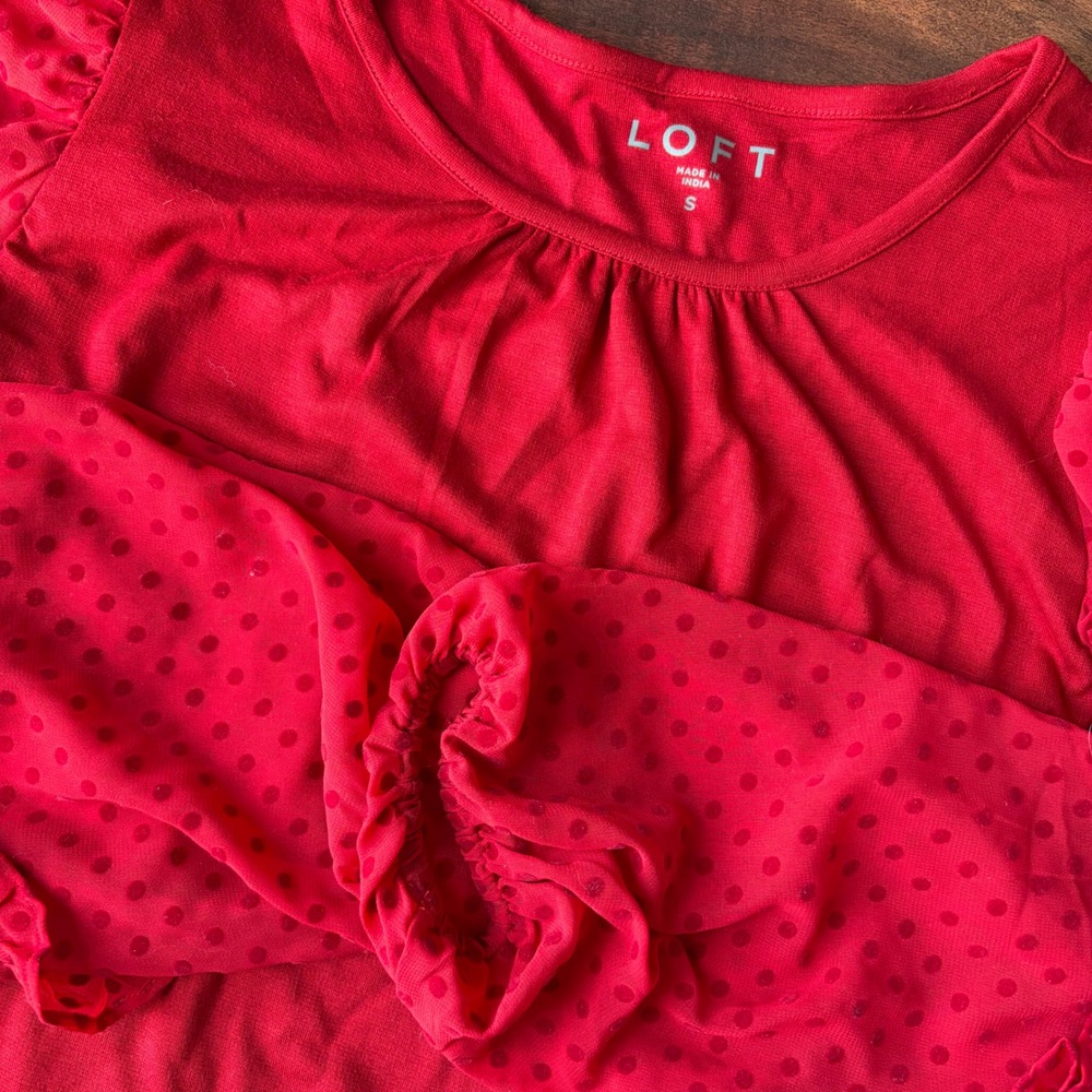 LOFT Red Romantic Polka Dot Ruffle‎ Sleeve Gathered Neck Top Size S